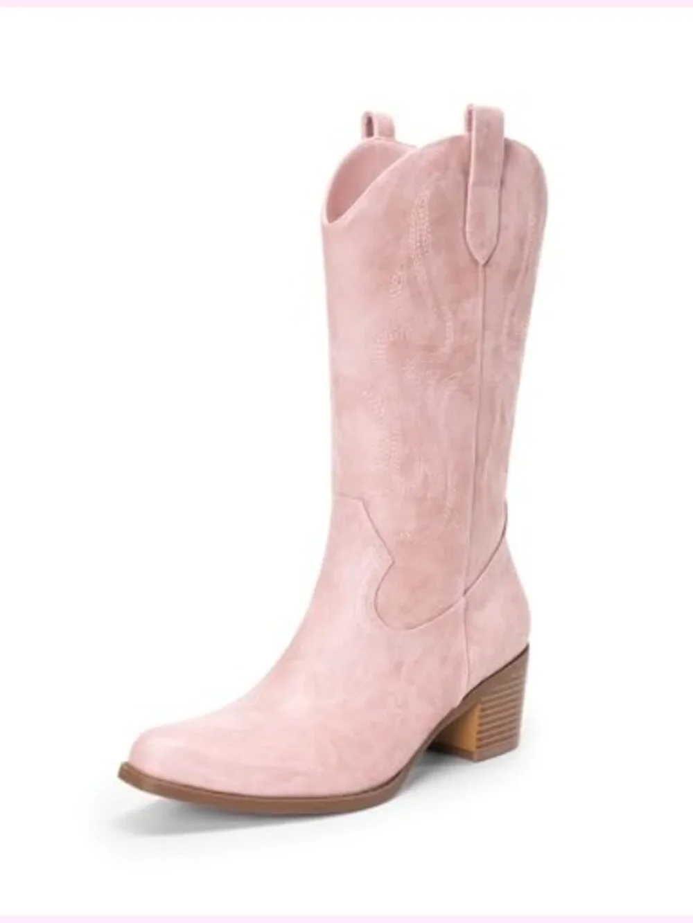Mid Calf Western Boots Square Toe Cowboy Boots Pull On Faux Leather